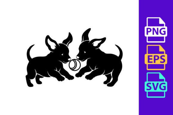 Two Black Dog Puppies Playing with Metal